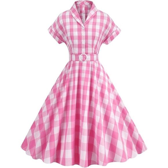 💗 NEW Pinup Retro Rockabilly 1950s Collar Bow Pink Plaid Tea Dress w/Belt XXL - Picture 2 of 16